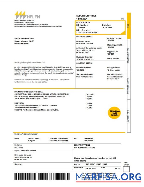 Downloadable Finland HELEN utility bill template in Word and PDF format